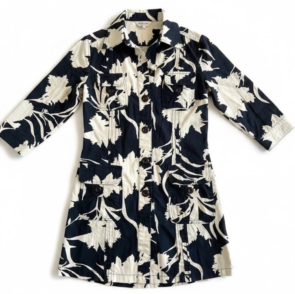 Hawaiian Floral Shirt Dress Button Down safari 4-Pockets Tunic 100% Cotton L